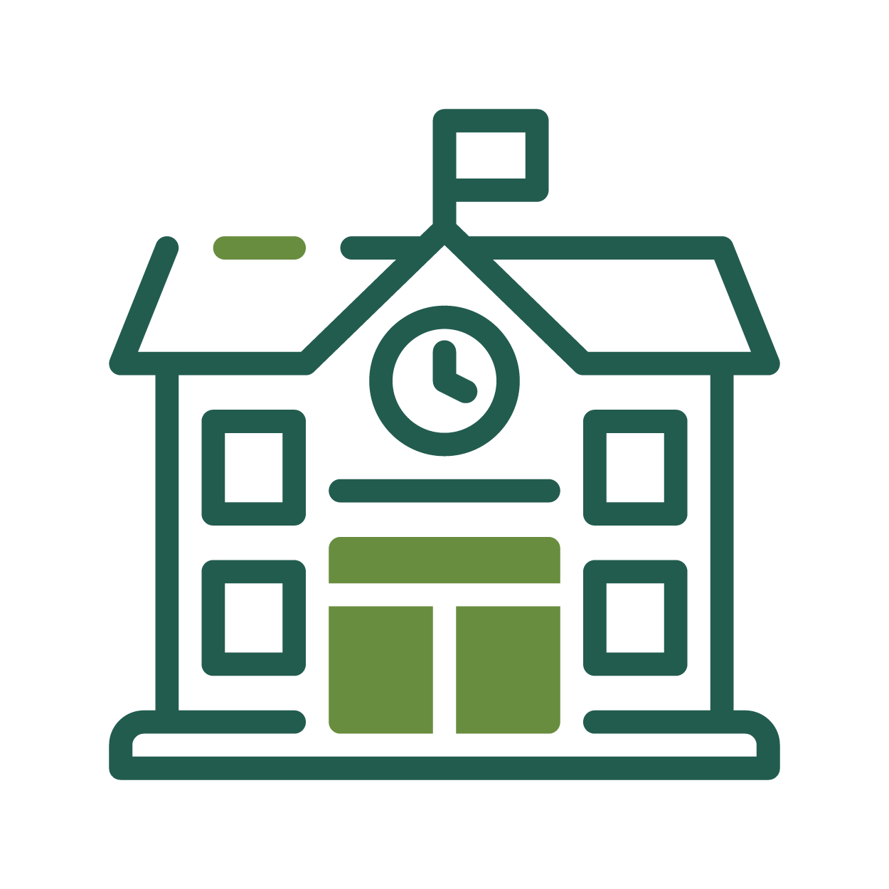 Graphic of a school building with a clock and flag.