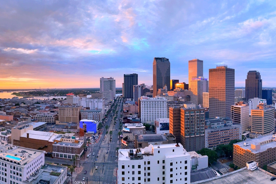 Panoramic view of Canal Street and the Mississippi River in New Orleans