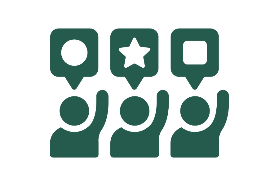 Green icon of three people, each with a different symbol over their head - circle, star, square, illustrating different academic backgrounds