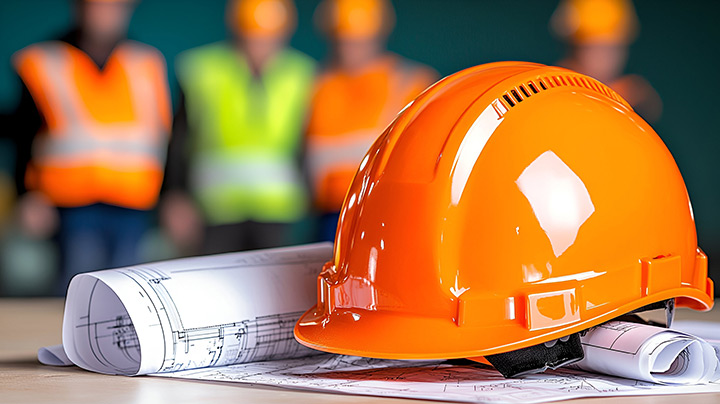 Closeup photo of orange safety helmet and building plans with workers in the background in orange vests.