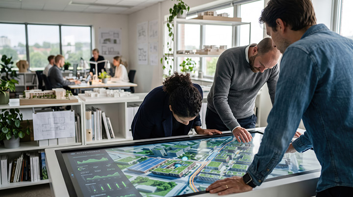 City planner reviews building site plans.