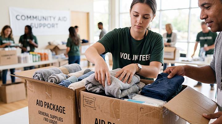 Humanitarian logistics workers assemble aid packages in a distribution center.