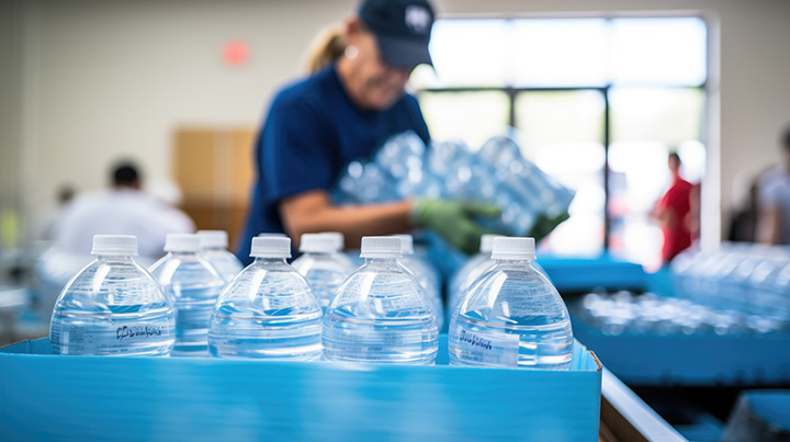 A humanitarian affairs officer working in a disaster response center sorts a delivery of clean drinking water.